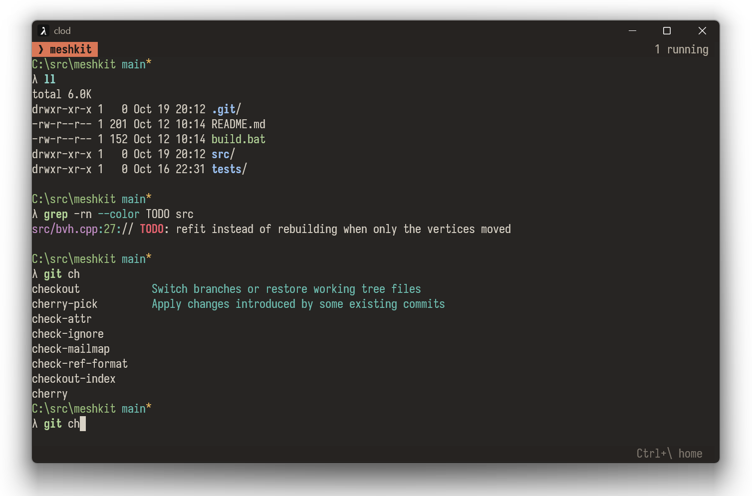 a clod shell tab on a desktop: clink prompt with the git branch, colored ls, grep, and git's completions listed with descriptions