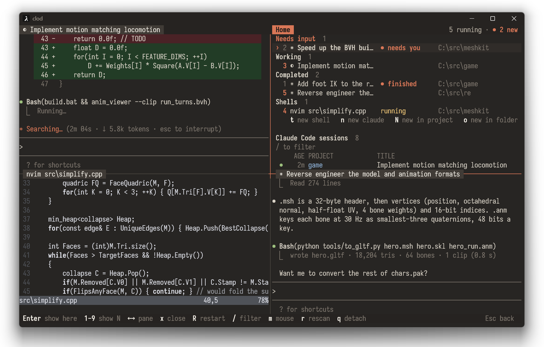 clodw in a 2x2 grid: two Claude Code sessions, neovim, and the home screen listing the running tabs and past sessions
